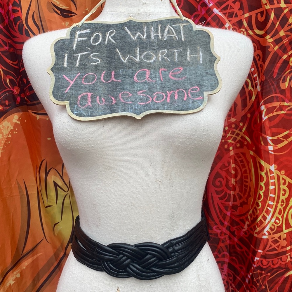 Vintage 80s Black Infinity Braided Cinch Belt Retro Snap Button Closure